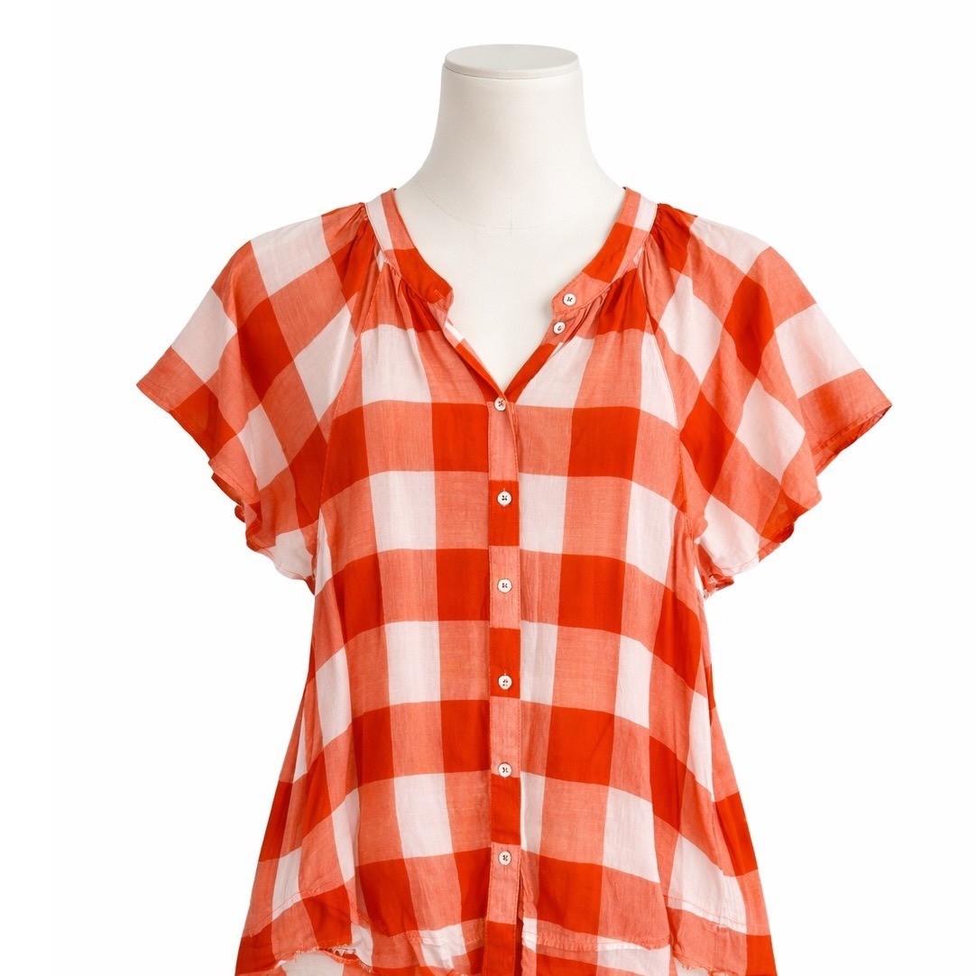 Maeve Anthropologie Blouse Womens Medium Orange Gingham Boho Prairie Cottagecore