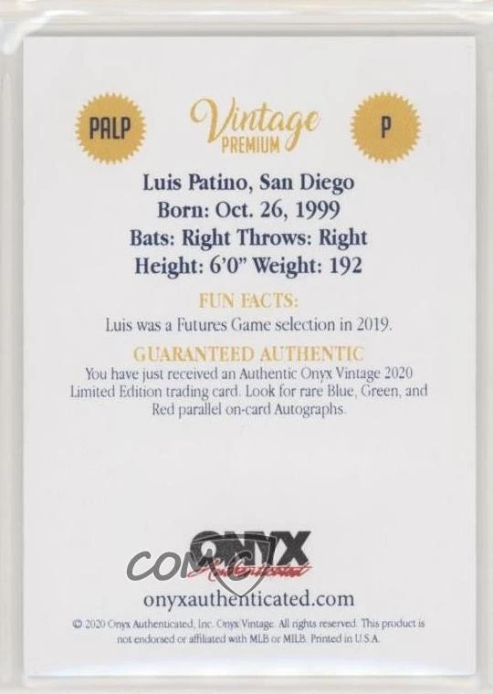 2020 Onyx Vintage Premium Auto Luis Patino #PALP Auto - Image 2 of 2