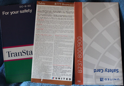 Safety Card - 5 pack. TransStar, United B737&B777, American F100, South African 