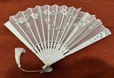 Antique Silk Hand Fan Hand Painted Floral Wood Carved Lucky Horseshoe White