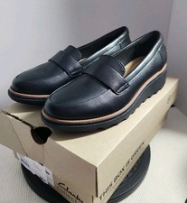 NEW Clarks Sharon Gracie Womens Sz 6M Black Leather Wedge Loafers Shoes Comfort