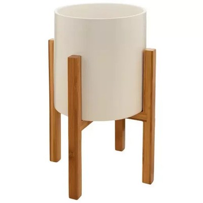Neurobloom Co : Matte White Planter With Bamboo Stand   Modern Indoor Plant Pot
