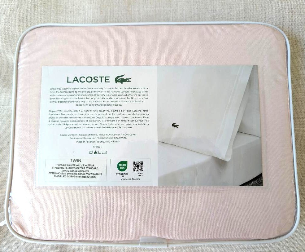 Lacoste 100% Cotton Percale Sheet Set Twin Iced Pink Solid Bedding NEW thumbnail 6