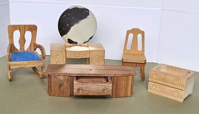 Vintage Strombecker dollhouse furniture 5 Piece Lot, Vanity, Rocking Chair, Etc
