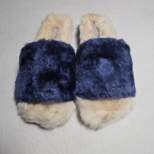 Lori Goldstein LI-DILLIAN Navy Blue Cream Faux Fur Slide Slippers Womens 5.5 M