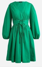 J. Crew Green V-neck Cotton Poplin Mini Dress Womens Size T8 Puff Sleeve Flare