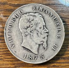 1875-M BN Italia 5 Lire Bella Corona Fine Originale KM-8,4 CHRC