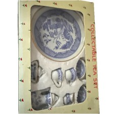 Vintage Mini Blue Willow Play Tea Set Porcelain Dollhouse Playhouse New In Box