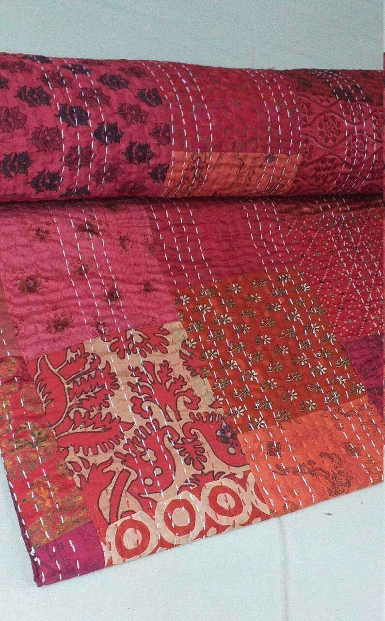 Red Patchwork Kantha Bedspread Indian Handmade Quilt Throw Silk Bedding