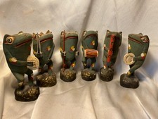 6 VINTAGE FOLK ART HAND CARVED WOOD Musician Frogs Instruments 8" Indonesia