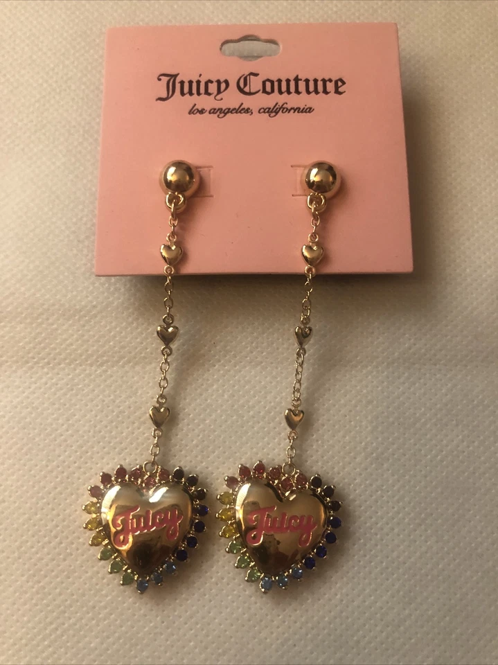 Pendientes colgantes Juicy Couture tono dorado corazón en cadena con detalles de cristal nuevos con etiquetas Foto 3 de 4