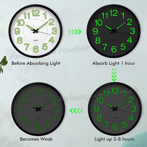 12'' Luminous Quartz Wall Clock Home Decor Night Glow In the Dark Silent Clock - Picture 8 of 9
