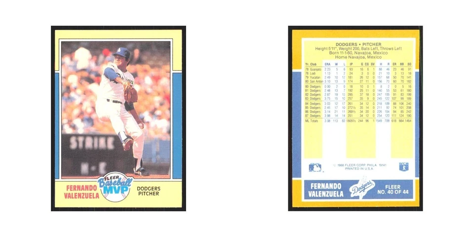 Fernando Valenzuela 1988 Fleer Baseball MVP's #40 Los Angeles Dodgers NM - Image 3 of 3