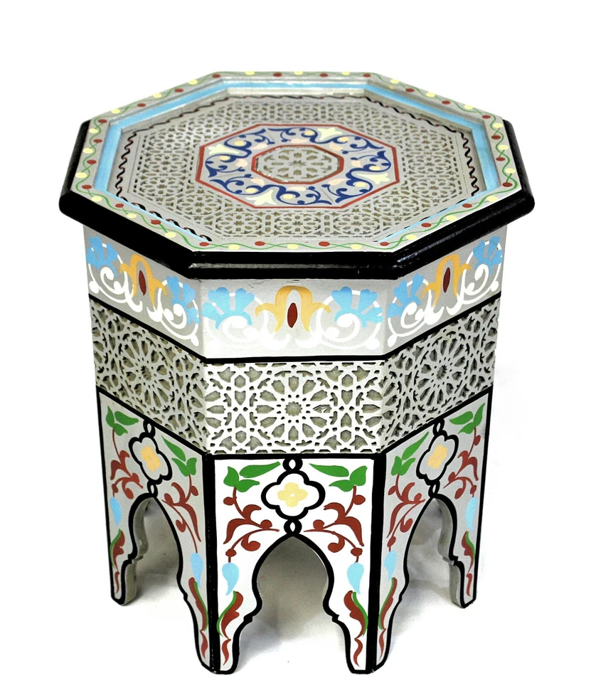 Moroccan Side Table Silver Accent End Corner Piece Painted Handmade Authentic - Image 2 of 4