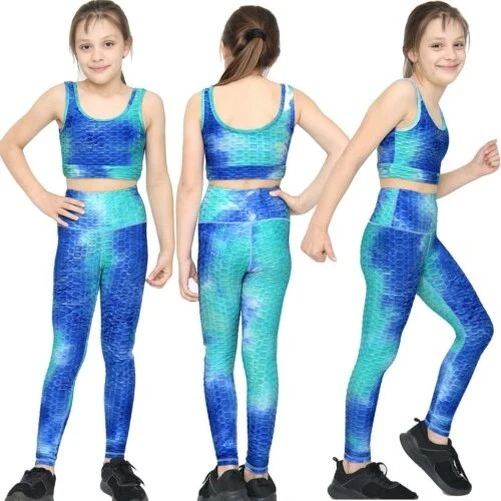 Filles Nid D'Abeilles Bleu Leggings Court Haut Gilet Danse Yoga Exercice Taille - Photo 1/1