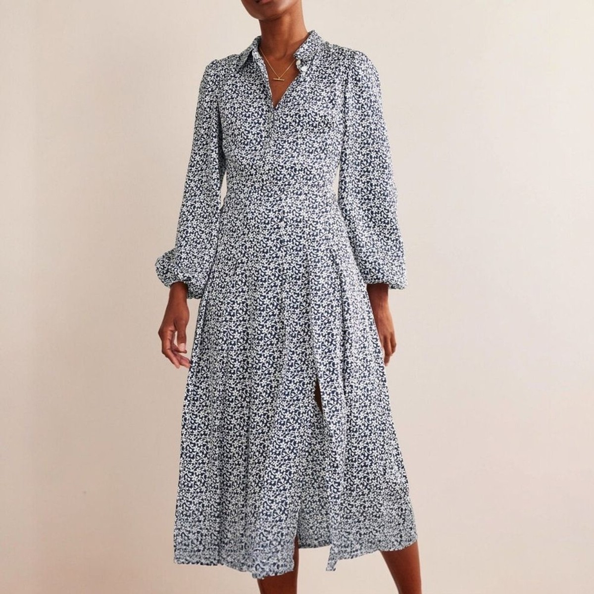 Boden Pleated Skirt Midi Shirt Dress Navy White Floral Long Sleeve Size 4  US | eBay