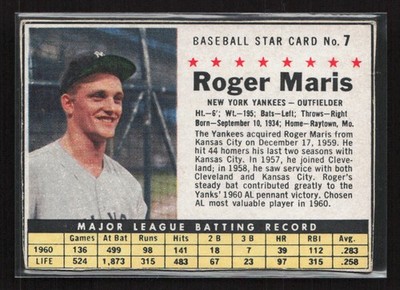 1961 Post Cereal (F278-33) #7 Roger Maris - Box Version Hand Cut - See Scans