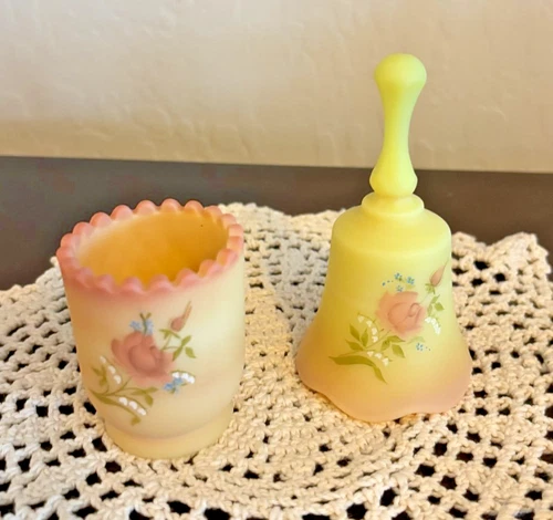 Fenton Glass Burmese lot of 2 - glows! Bell and Toothpick holder Rose Walrath