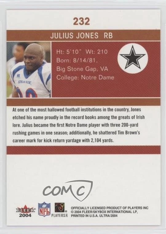 2004 Fleer Ultra Julius Jones #232 Rookie RC - Image 2 of 2