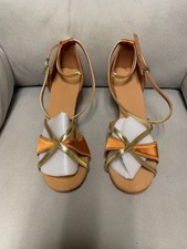 Womens Latin Style Dancing Shoes Low Heel Gold Straps New Size 10.5