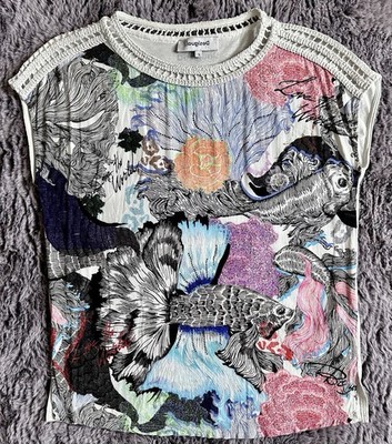Desigual Damen Shirt, S 36, bunt mit Pailletten, fein, neu ohne Etikett 