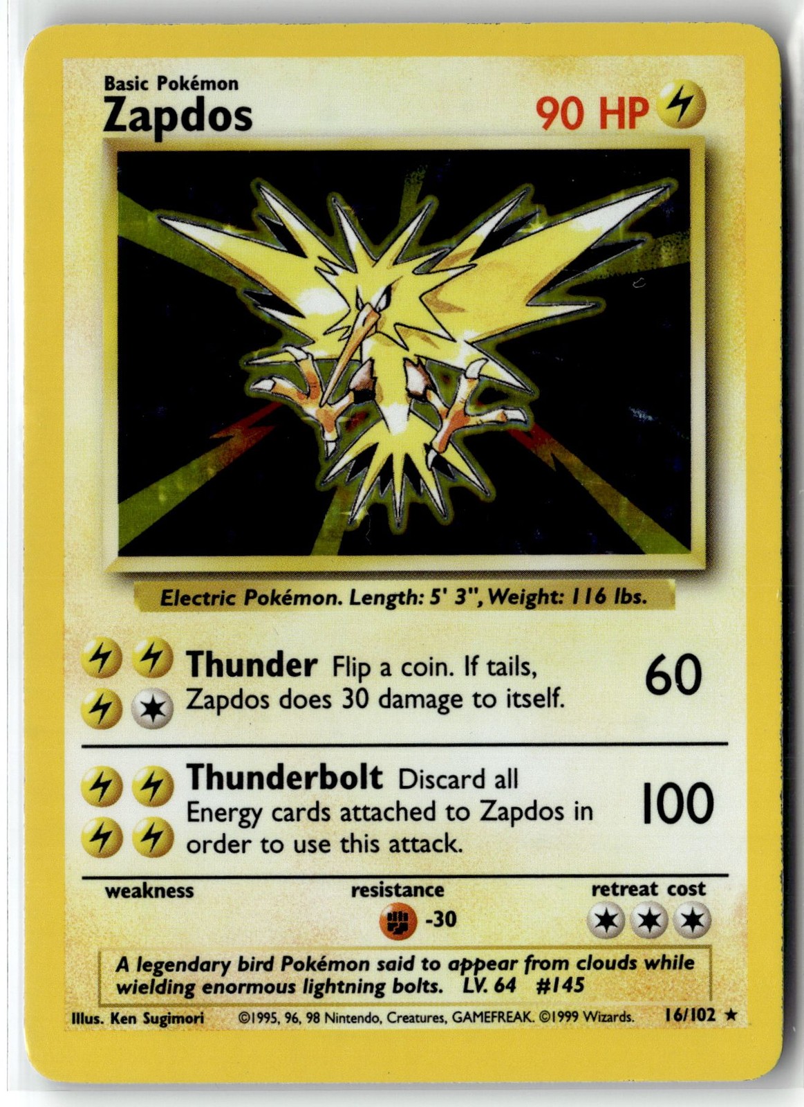 Zapdos ⭐️ 16/102 Holo Rare Base Set 1999 Pokemon LP