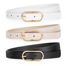Skinny Leather Belt for Dress Pants Jeans Ladies Thin Waist Belts with Gold B...