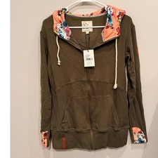 NWT Ampersand Avenue Olive Green Floral Full Zip Hoodie XS Kangaroo Sweatshirt