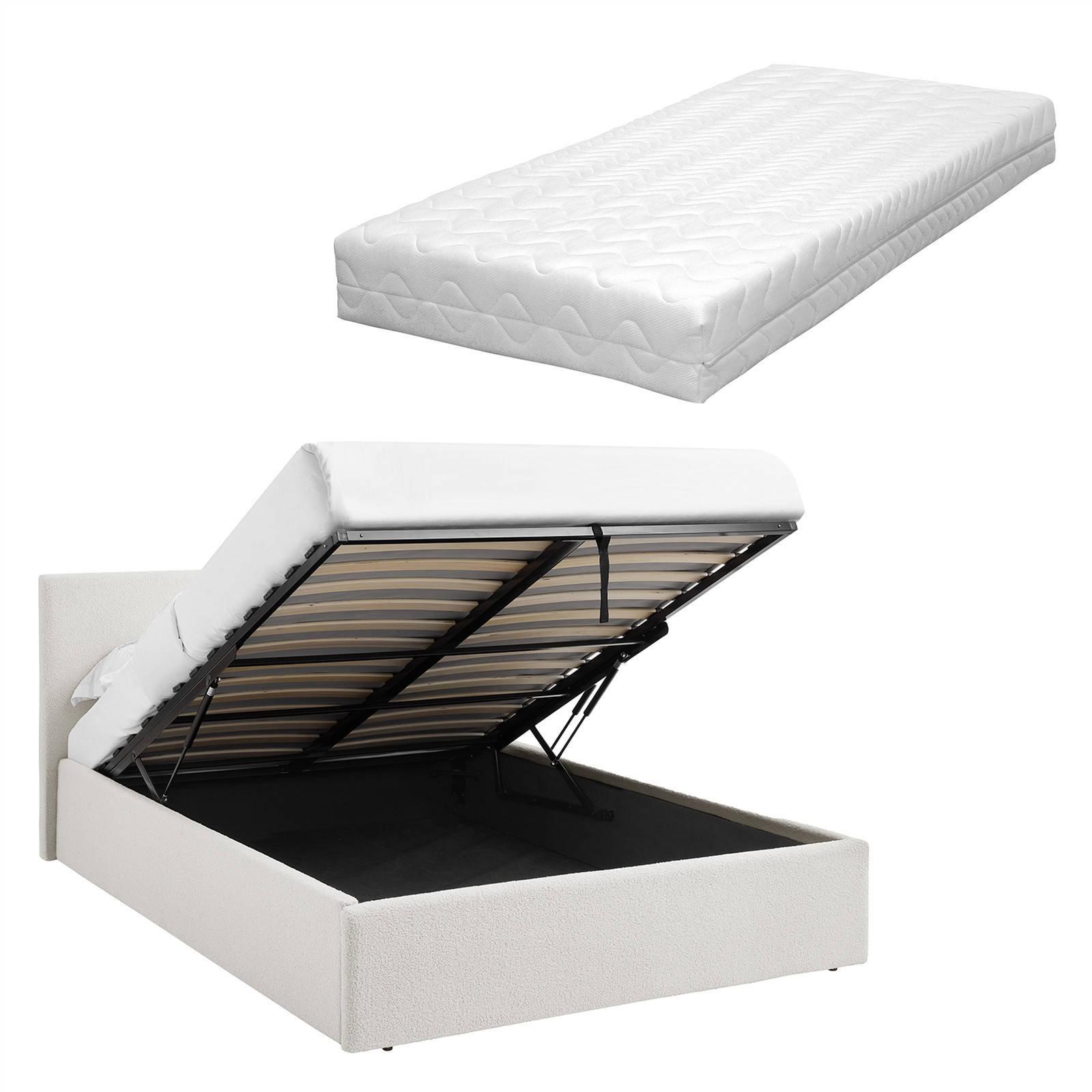 TEDDY BOUCLE 4FT Small Double Hydraulic Lift Bed White + Spring & Foam Mattress