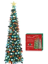 5 FT Pop Up Christmas Tree with Timer Lights, Blue Christmas Tinsel Tree, Col...