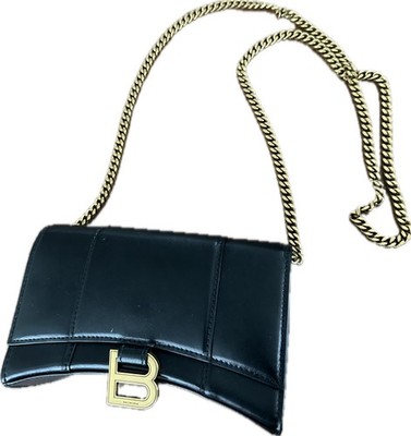 Balenciaga Hourglass Wallet On Chain Black Leather   Gold B Logo