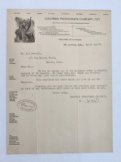 1898 antique COLUMBIA PHONOGRAPH CO st. louis mo LETTERHEAD NC MERRILL colorado