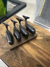 Vintage Nautical Sperm Whale solid cast metal paperweights with wood stand VGUC