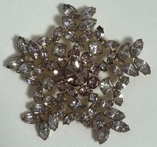 Vintage starburst snowflake brooch lavender rhinestones 2 3/4" goldtone