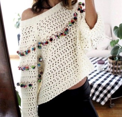 ZARA Ecru Oversize Häkel Strick Pullover mit Multi Bommelbesatz Gr. S