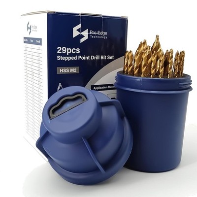 Pro Edge 29 Piece HSS Stepped Point Drill Bit Set, 1/16''-1/2'' Titainnium Coat...