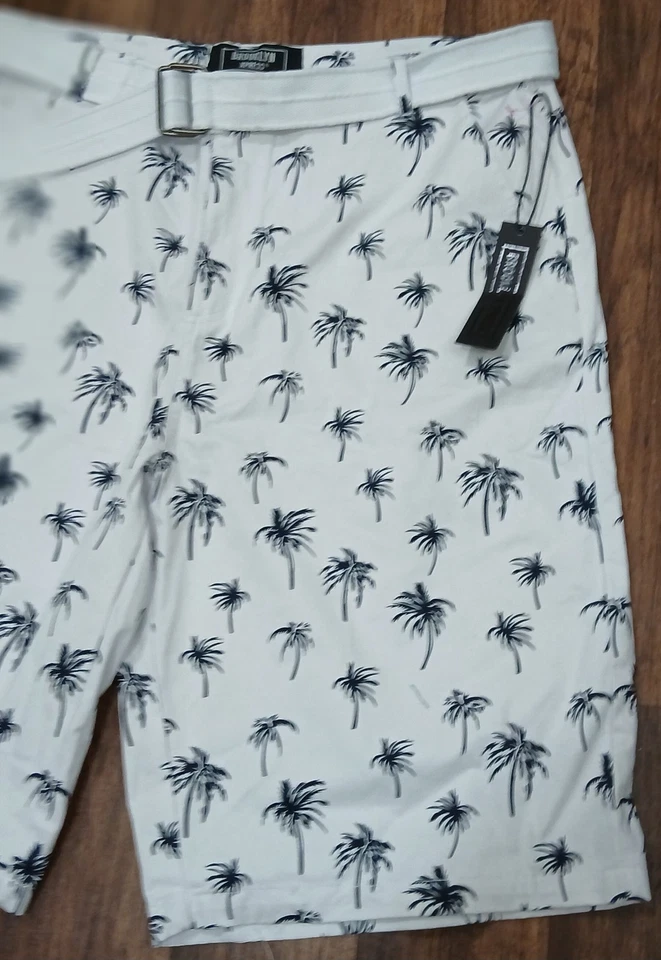 Nuevo con etiquetas Pantalones Cortos Defect Brooklyn Xpress Para Hombre 40 Estampado de Palmera Blanco Negro Cinturón Foto 3 de 4