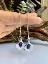 S925 Silver Long Flower Drop Dangle Earrings Blue CZ Dangle Earrings