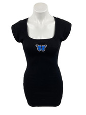 Women XS Black Mini Dress Blue Butterfly Patch Stretch Sexy