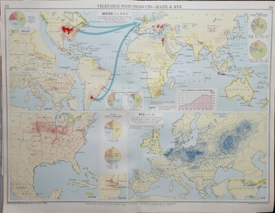 1928 KARTE WELT PFLANZLICHE LEBENSMITTEL MAISMEHL ROGGENPRODUKTION 