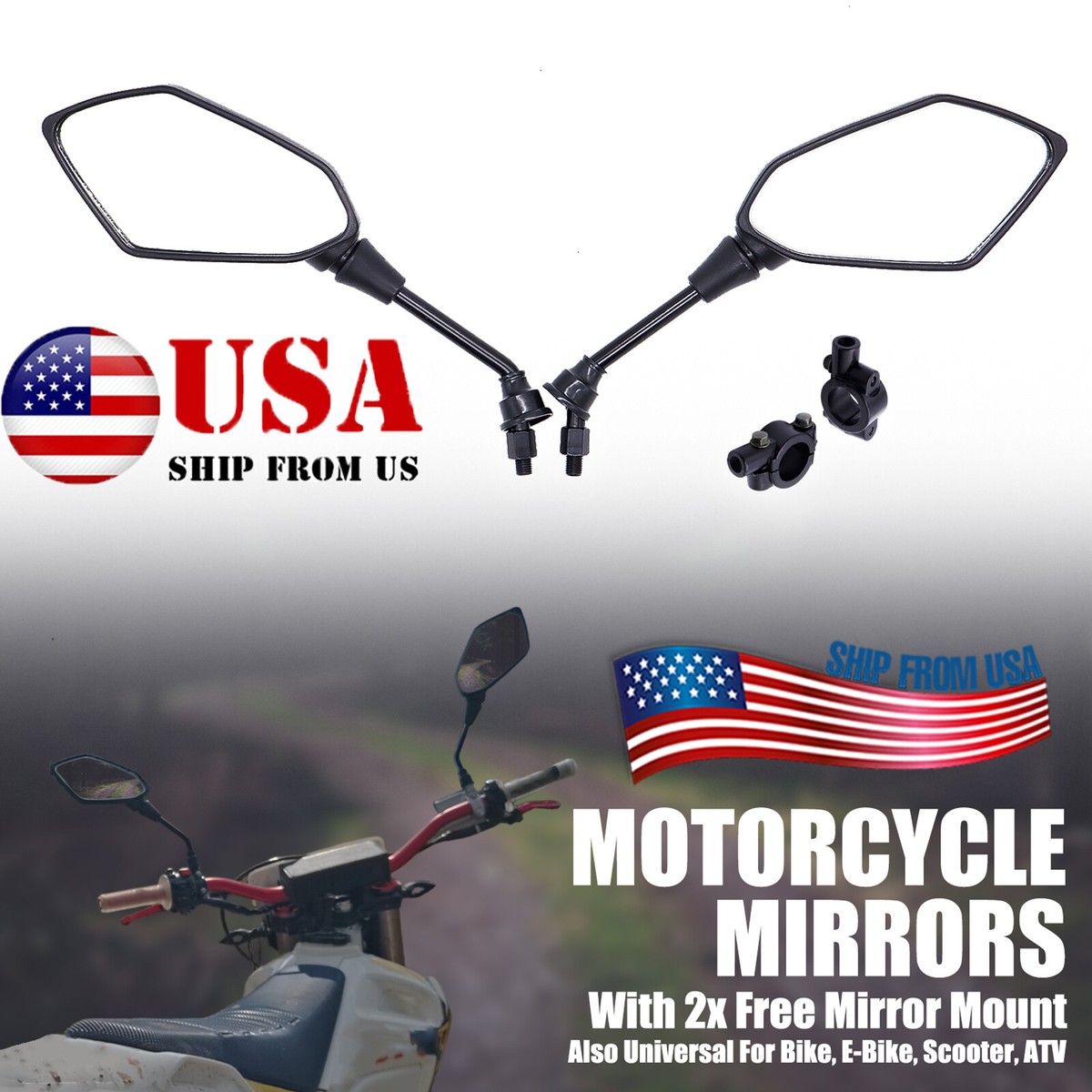 Motorcycle Side Mirror &Handlebar Mount For Bike ATV Scooter E-Bike Rear View - Foto 3