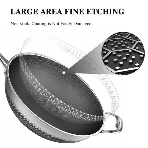 13-INCH LARGE WOK STAINLESS STEEL NONSTICK FRYING PAN W/ LID BRUSH FOR INDUCTION - Picture 6 of 13