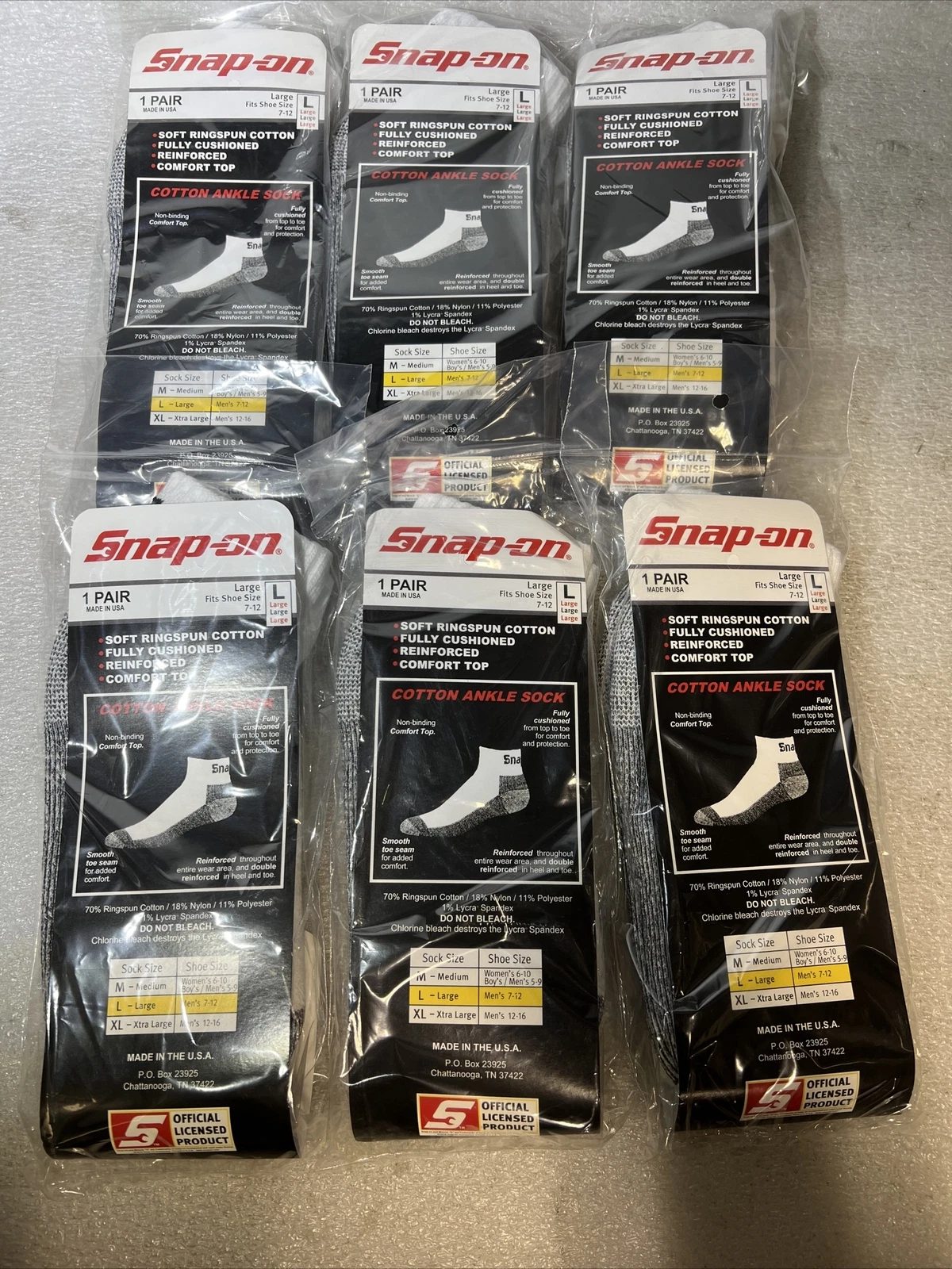 WHITE Snap-on Tools Ankle Socks Large (Size 7-12) Made in USA! *6 Pairs*