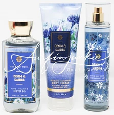 Bath & Body Works Denim & Daisies Body Mist Body Spray Cream Shower Gel 3pc Blue