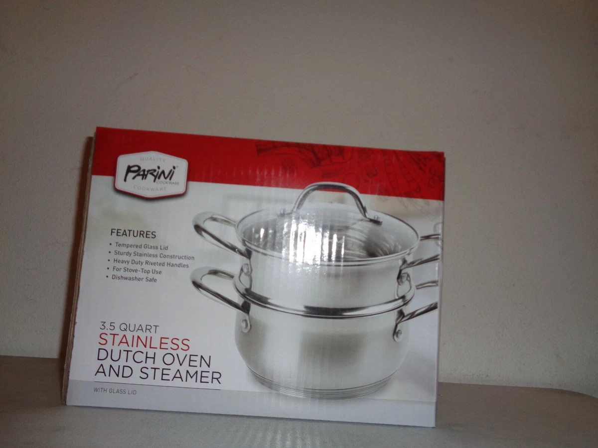 NIB Parini Cookware 3.5 Quart Stainless Dutch Oven Steamer with Glass Lid