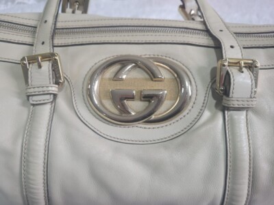 Gucci Britt White Calf Interlock Dialux Leather Britt Boston Bag