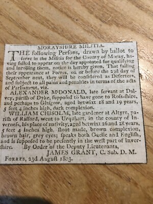 MORAYSHIRE MILIZ DESERTEURE CHISOLM ALTYRE DALVEY 6/5 cm 1811 ORIGINAL