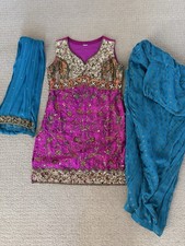 Indian Pink, Turquoise and Gold Lined Silk Punjabi Salwaar Kameez with Chuni, S