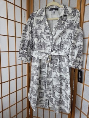 NWT KARL LAGERFELD PARIS PRINT COTTON 3/4 SLEEVE & BUTTONS BELTED SHIRT DRESS 10