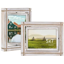 5x7 Picture Frame Tabletop: Double Side Rotating Display, Distressed White Ph...